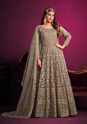 Grey Embroidered Net Anarkali Kurta Set