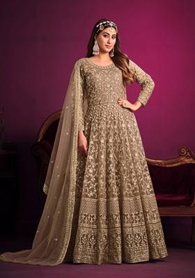Brown Embroidered Net Anarkali Kurta Set