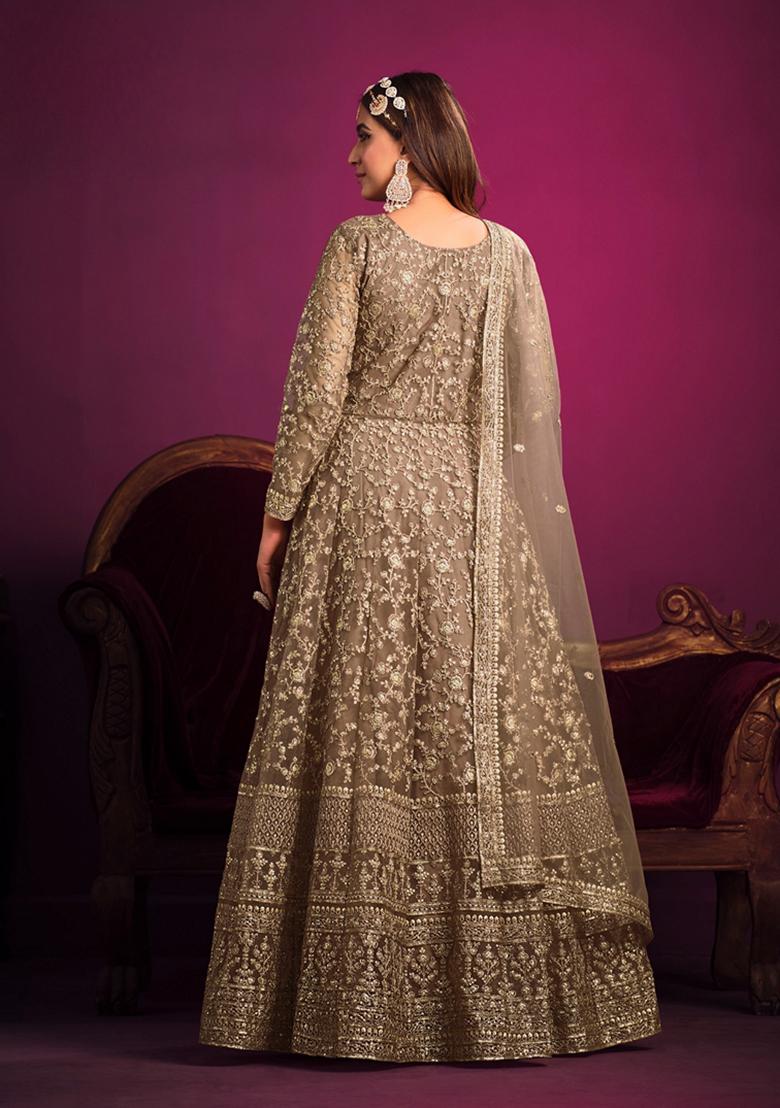 Brown Embroidered Net Anarkali Kurta Set