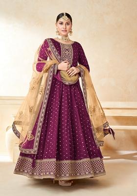 Purple Embroidered Silk Anarkali Kurta Set