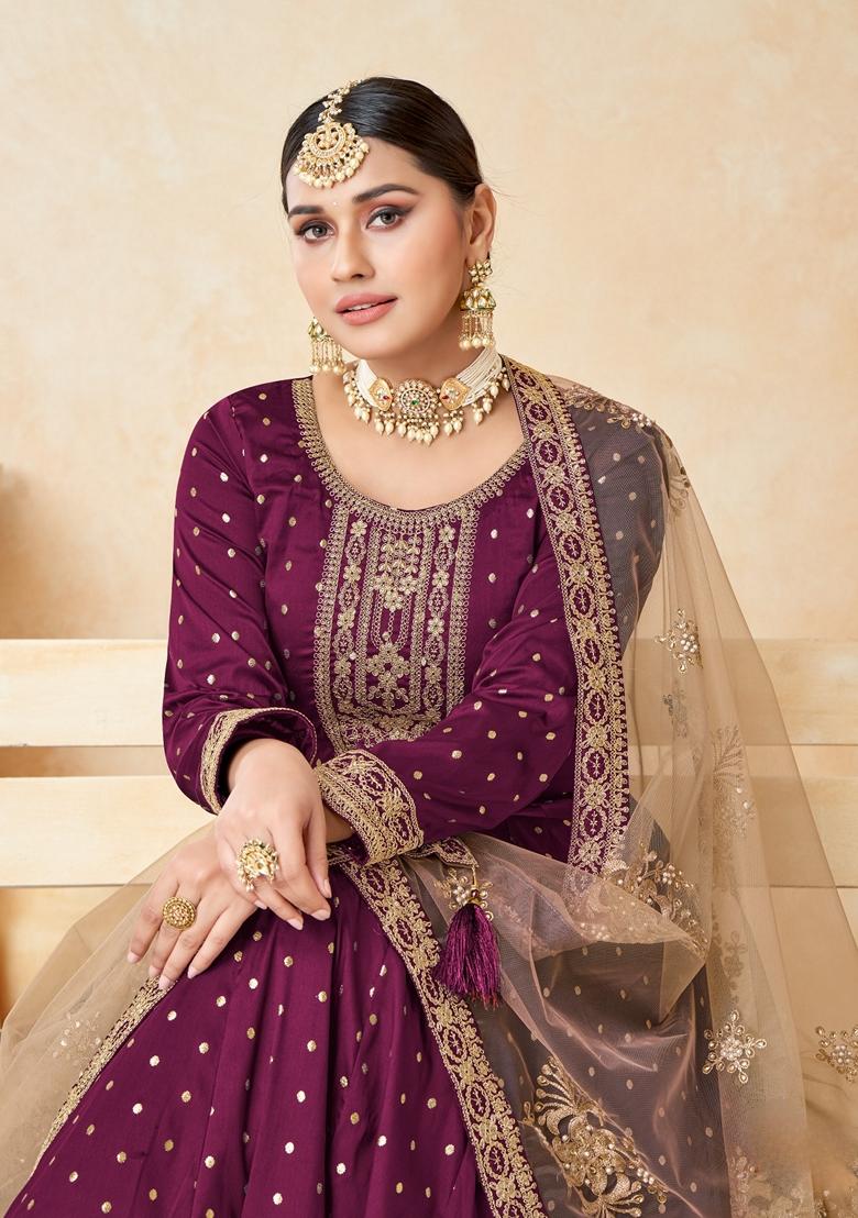 Purple Embroidered Silk Anarkali Kurta Set