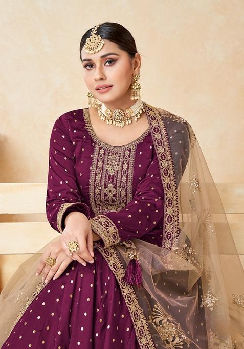 Purple Embroidered Silk Anarkali Kurta Set