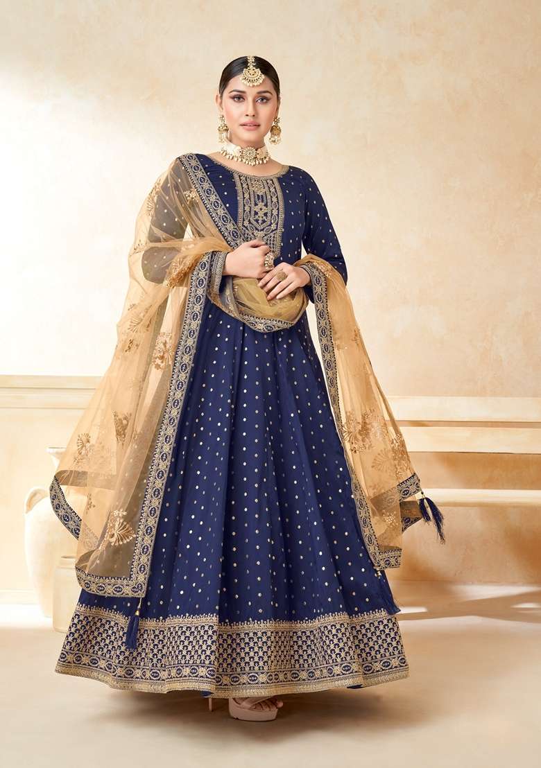 Navy Blue Embroidered Silk Blend Anarkali Kurta Set - Indya