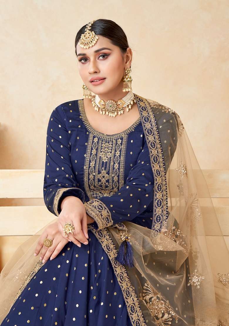 Navy Blue Embroidered Silk Blend Anarkali Kurta Set - Indya