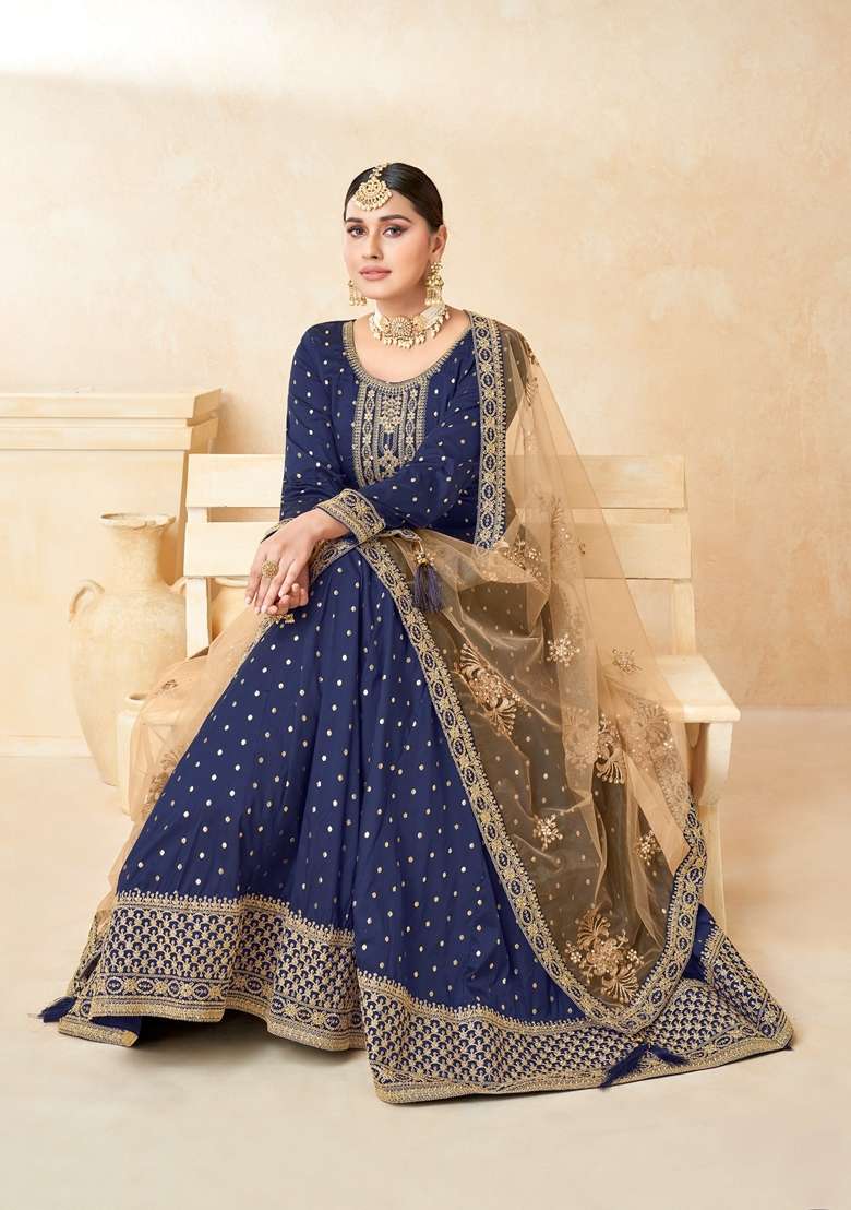 Navy Blue Embroidered Silk Blend Anarkali Kurta Set - Indya