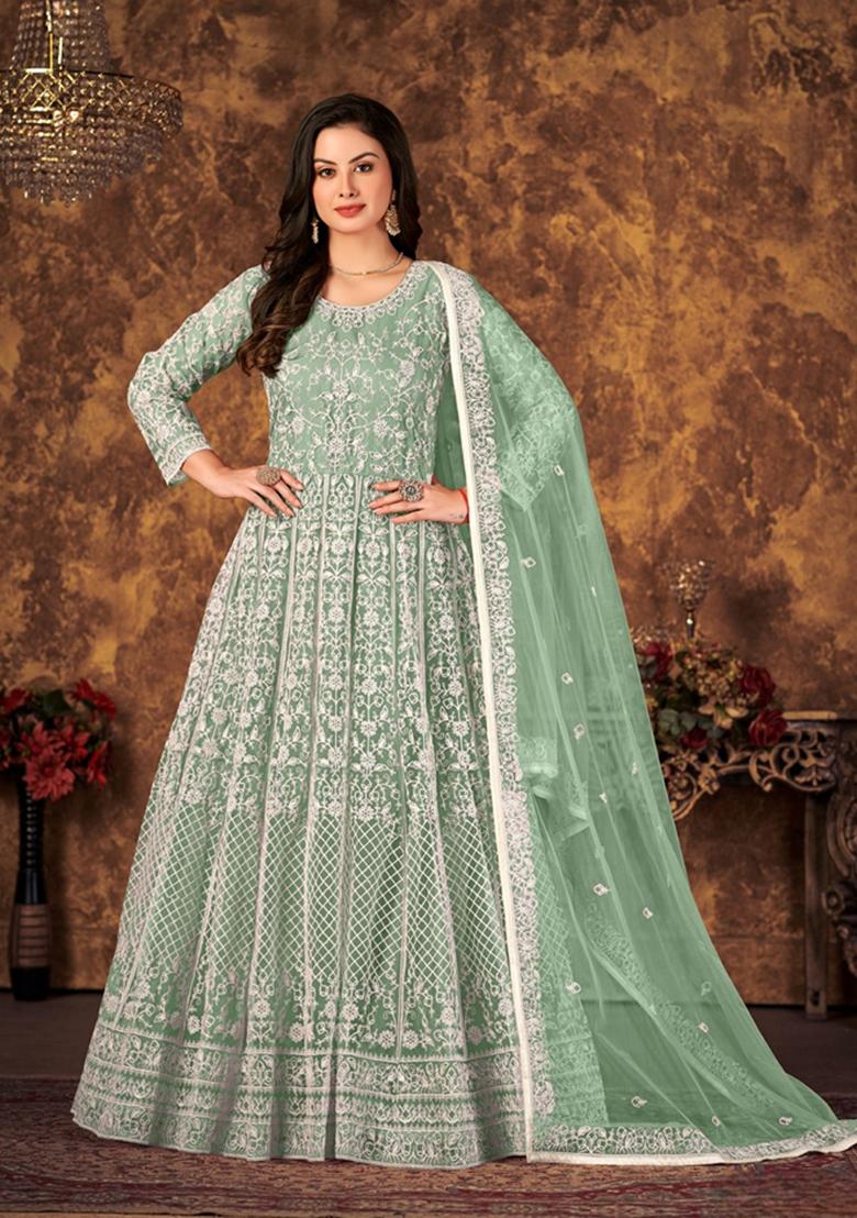 Green Embroidered Net Anarkali Kurta Set