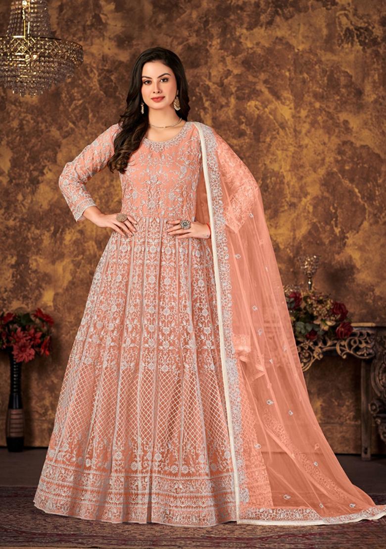 Brown Embroidered Net Anarkali Kurta Set