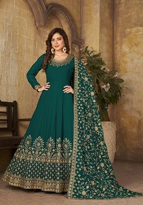 Green Embroidered Faux Georgette Anarkali Kurta Set