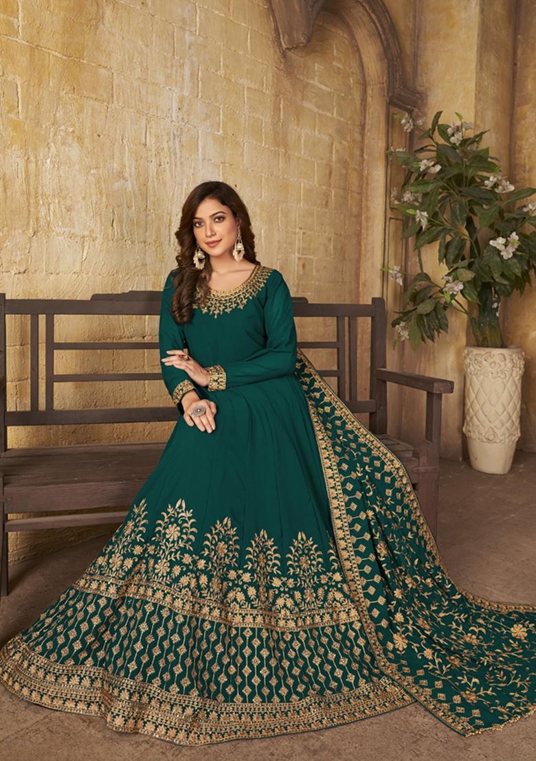 Green Embroidered Faux Georgette Anarkali Kurta Set