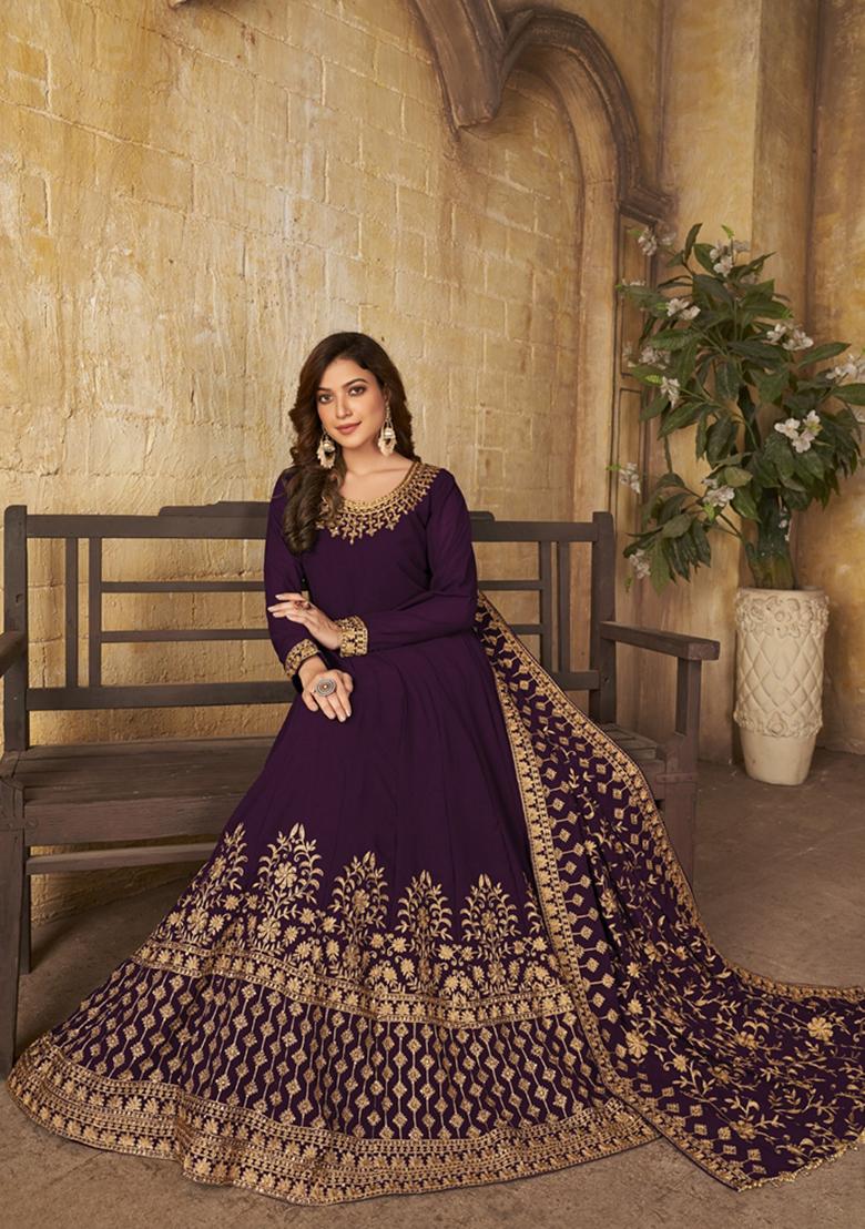 Purple Embroidered Faux Georgette Anarkali Kurta Set