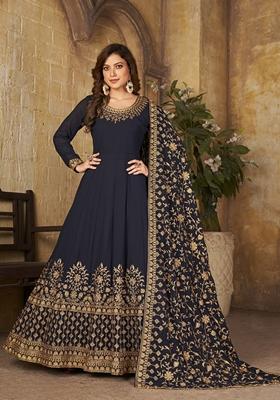 Navy Blue Embroidered Faux Georgette Anarkali Kurta Set