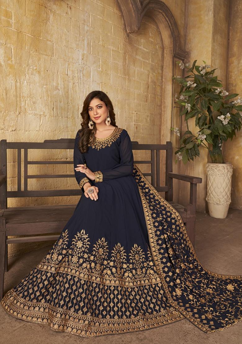 Navy Blue Embroidered Faux Georgette Anarkali Kurta Set
