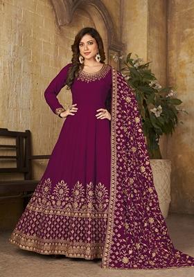 Wine Embroidered Faux Georgette Anarkali Kurta Set
