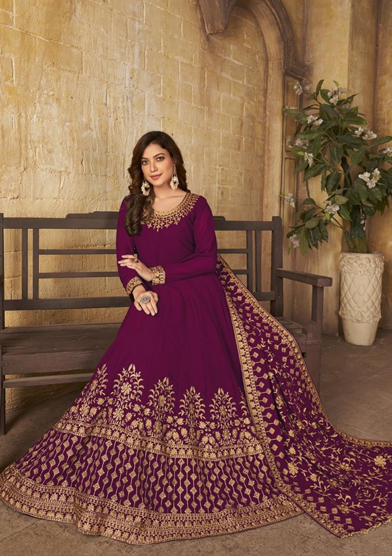Wine Embroidered Faux Georgette Anarkali Kurta Set