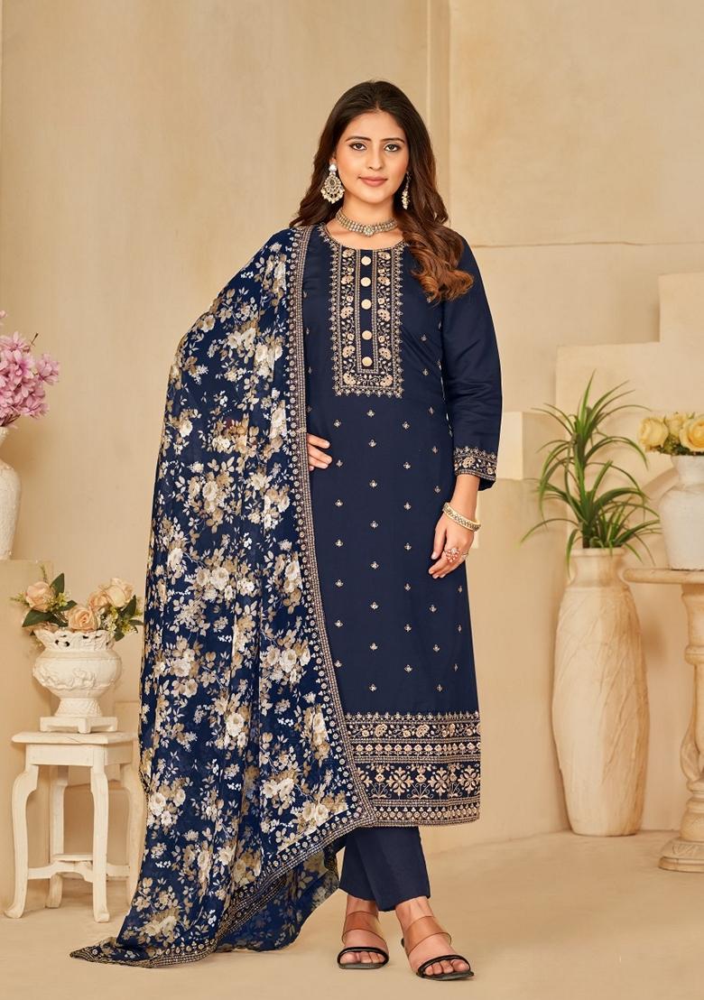 Navy Blue Embroidered Silk Kurta Set
