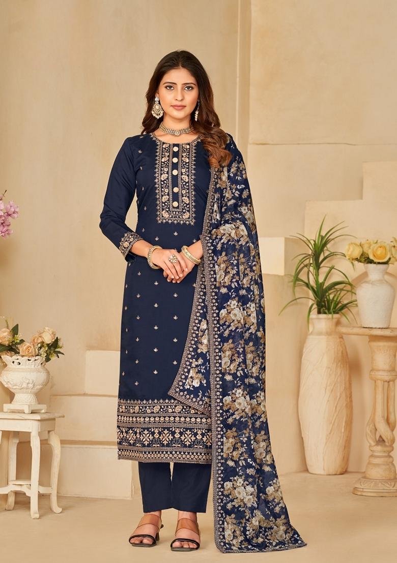 Navy Blue Embroidered Silk Kurta Set