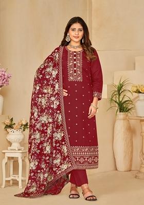 Maroon Embroidered Silk Kurta Set