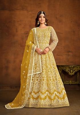 Yellow Embroidered Net Anarkali Kurta Set