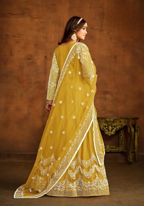 Yellow Embroidered Net Anarkali Kurta Set