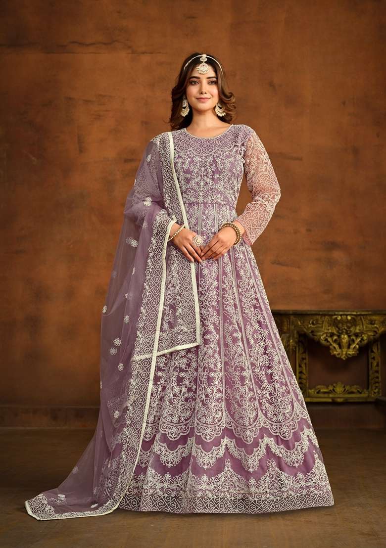 Lavender Embroidered Net Anarkali Set - Indya