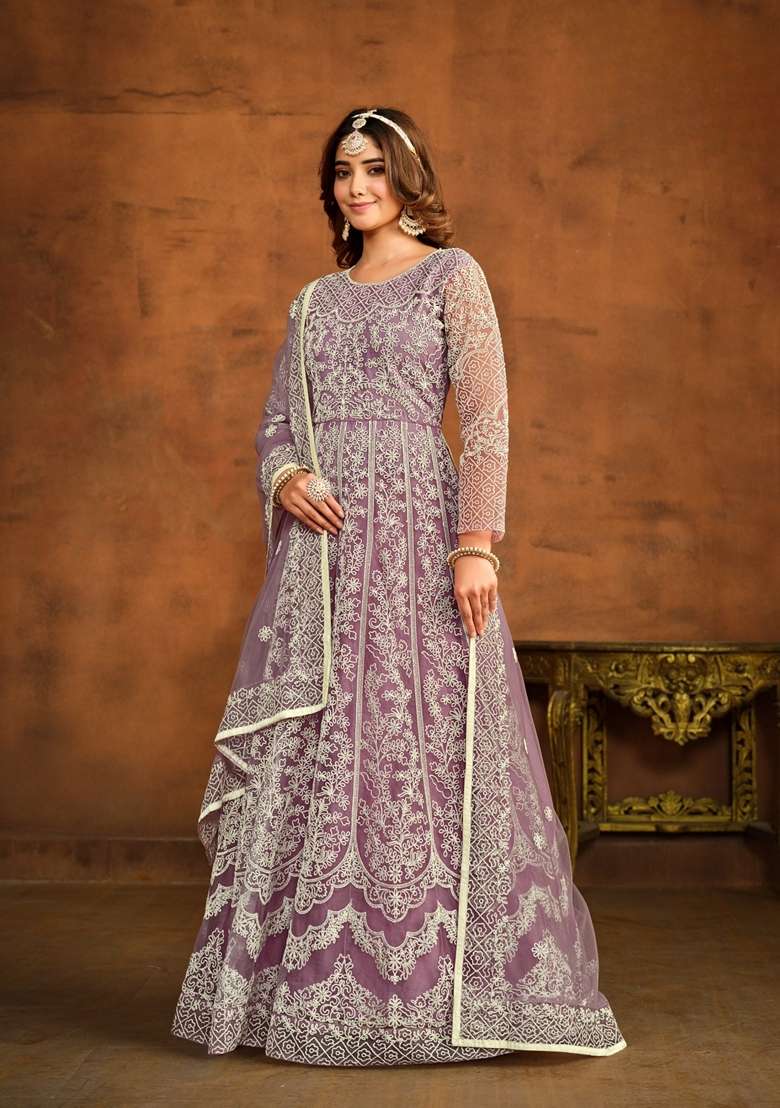Lavender Embroidered Net Anarkali Set - Indya