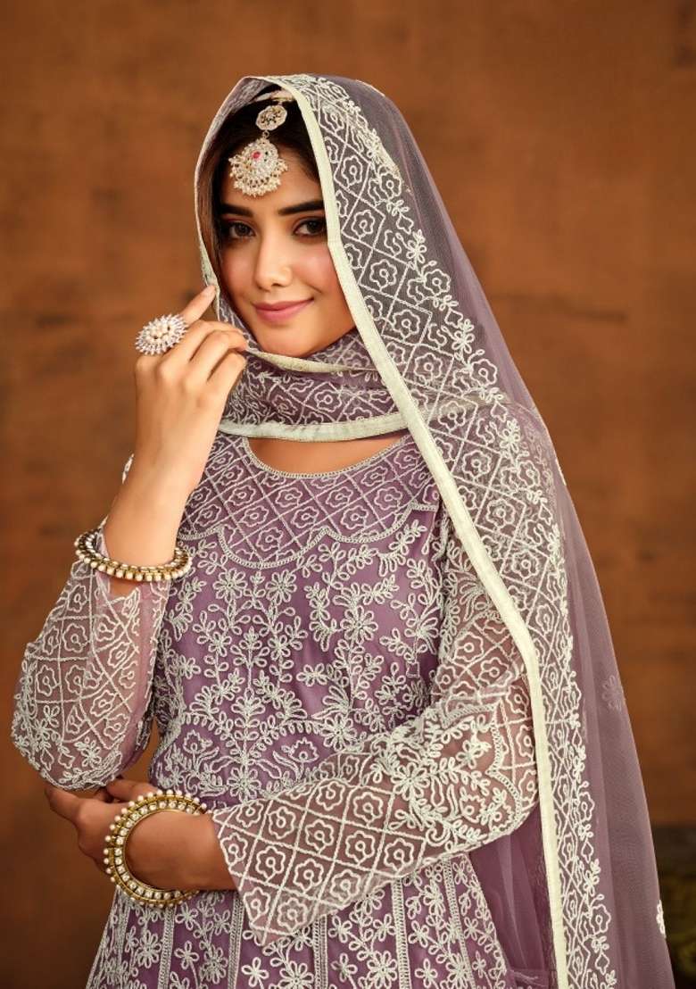 Lavender Embroidered Net Anarkali Set - Indya