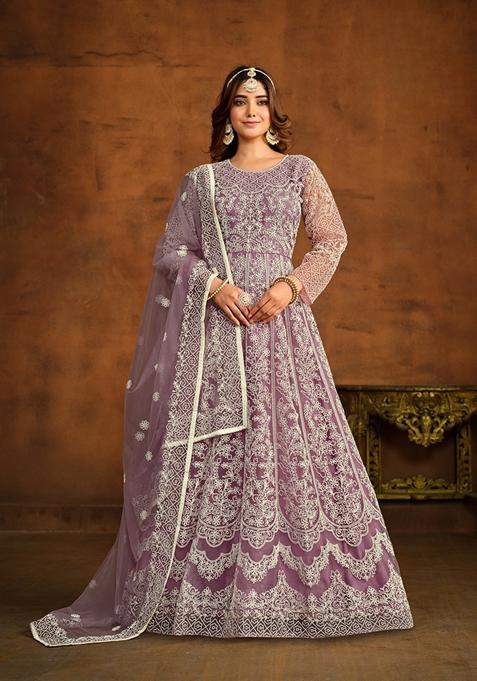 Lavender Embroidered Net Anarkali Kurta Set