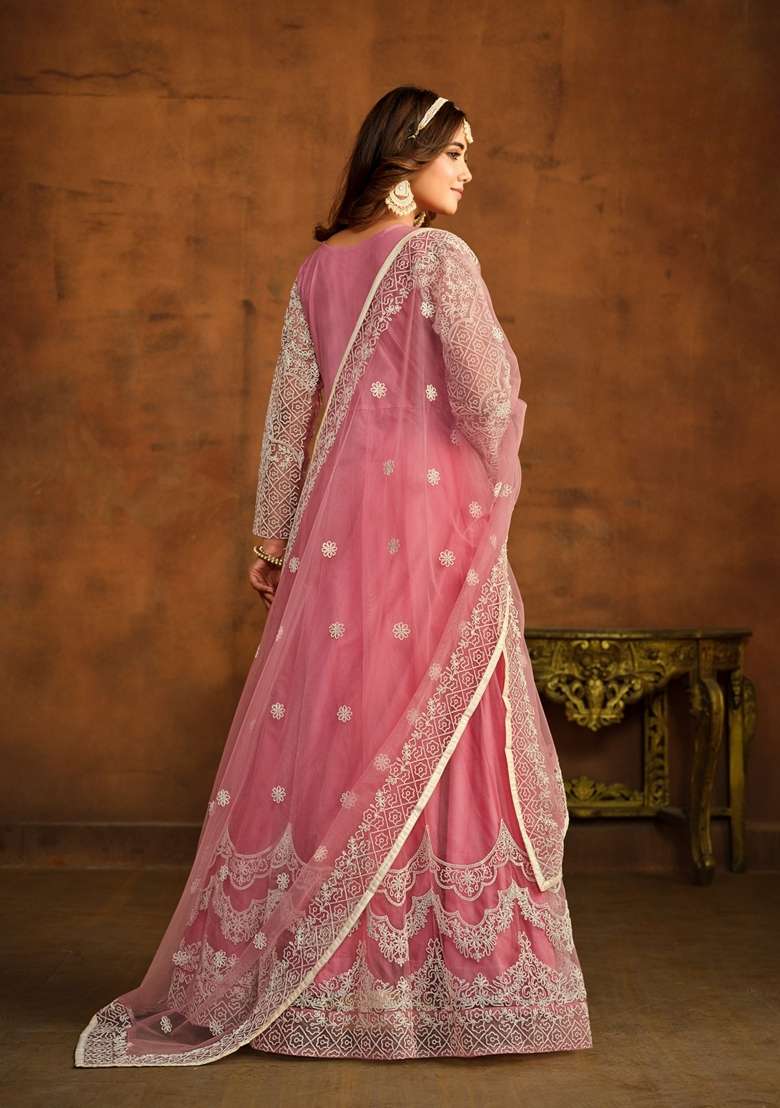 Pink Embroidered Net Anarkali Set - Indya