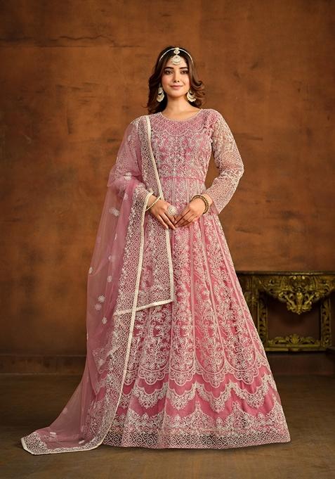 Pink Embroidered Net Anarkali Kurta Set