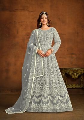 Grey Embroidered Net Anarkali Kurta Set