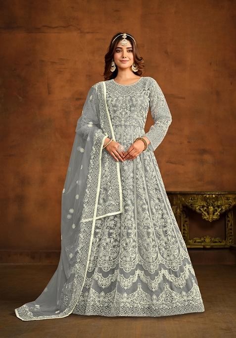 Grey Embroidered Net Anarkali Kurta Set