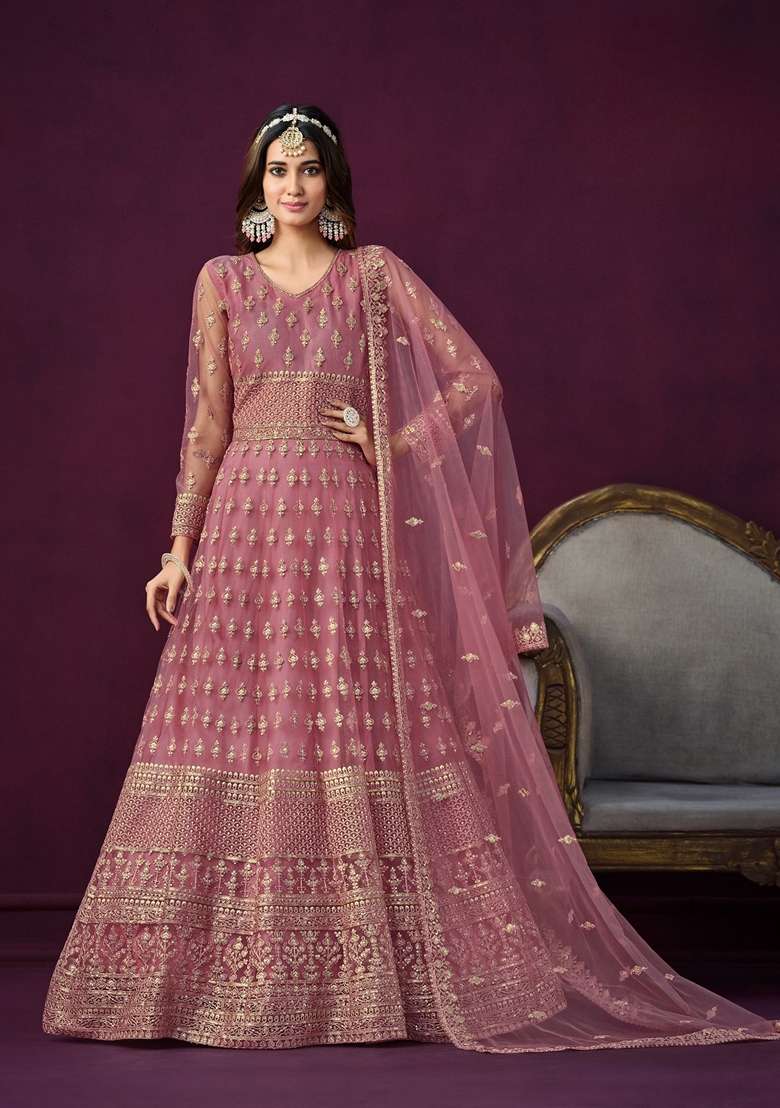 Pink Embroidered Net Anarkali Kurta Set - Indya