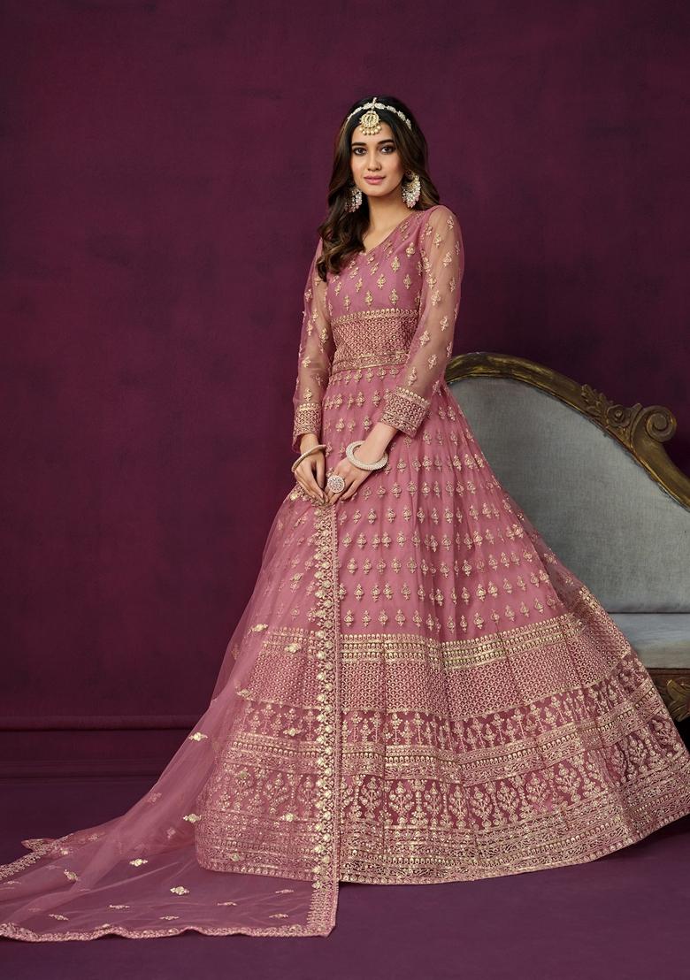 Pink Embroidered Net Anarkali Kurta Set