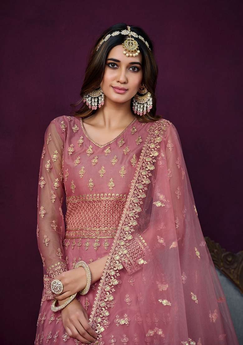 Pink Embroidered Net Anarkali Kurta Set - Indya