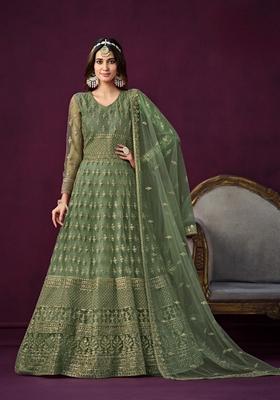Green Embroidered Net Anarkali Kurta Set