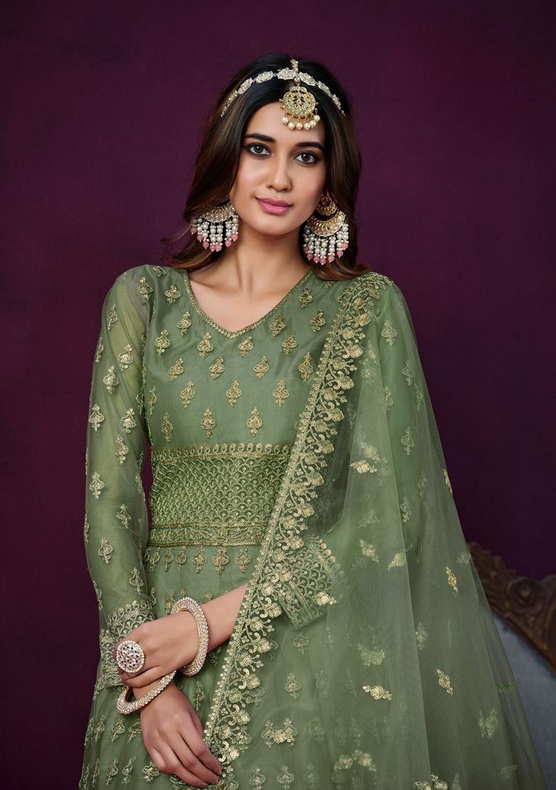 Green Embroidered Net Anarkali Kurta Set