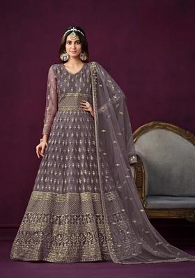 Grey Embroidered Net Anarkali Kurta Set