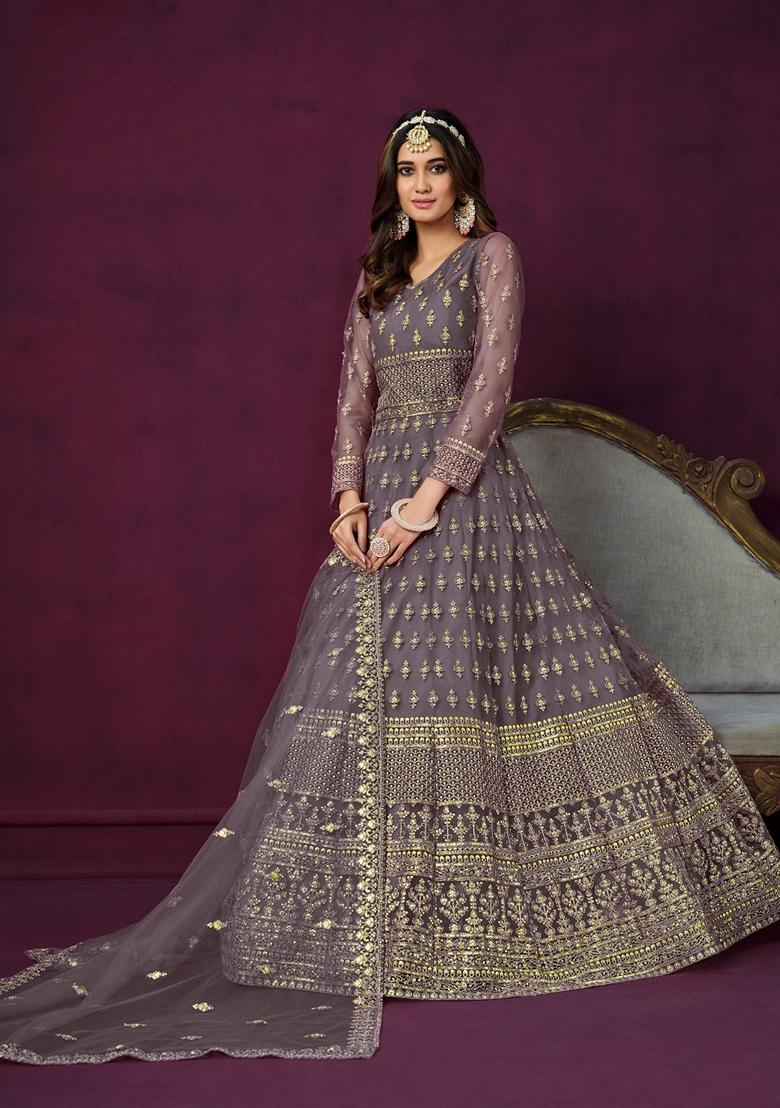 Grey Embroidered Net Anarkali Kurta Set