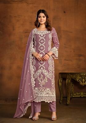 Lavender Embroidered Organza Kurta Set