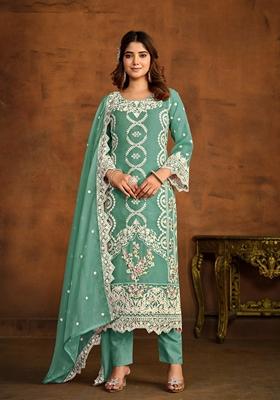 Light Green Embroidered Organza Kurta Set
