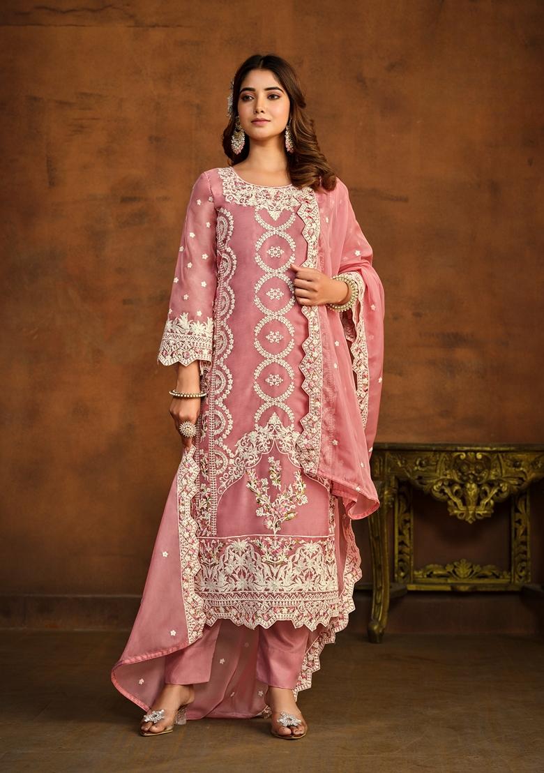 Light Pink Embroidered Organza Kurta Set