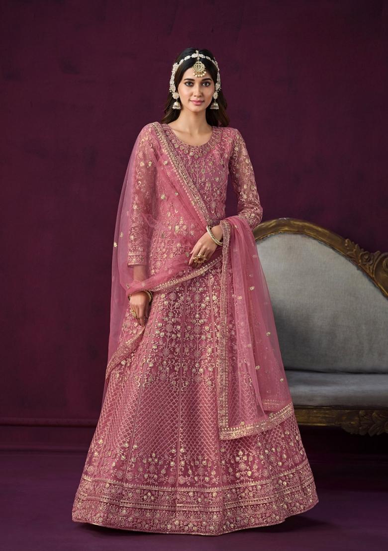 Pink Embroidered Net Anarkali Kurta Set