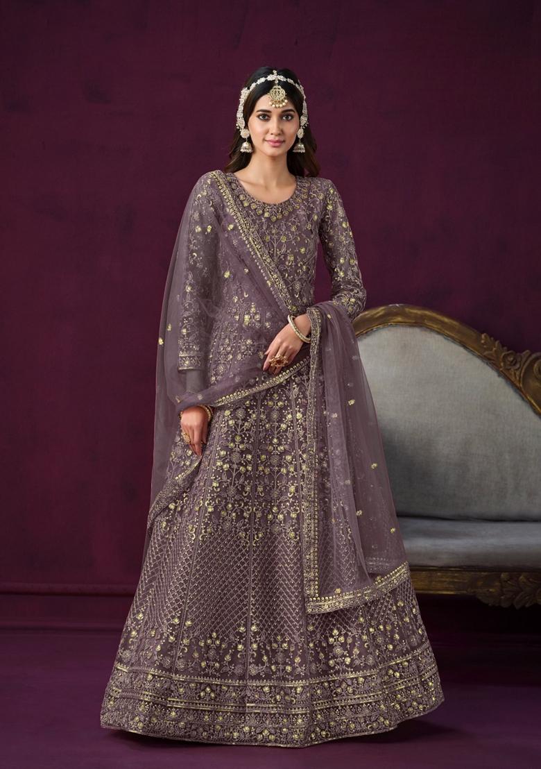 Grey Embroidered Net Anarkali Kurta Set