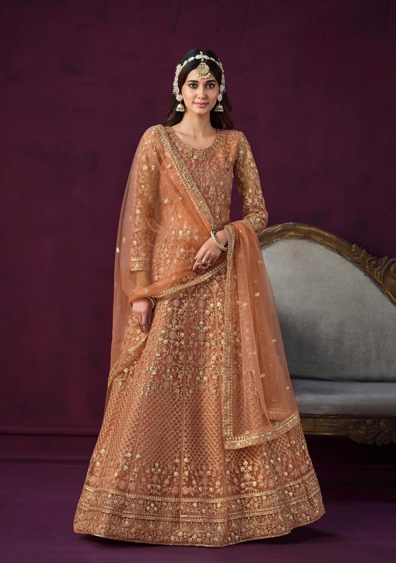 Orange Embroidered Net Anarkali Kurta Set