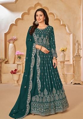 Green Embroidered Faux Georgette Anarkali Kurta Set