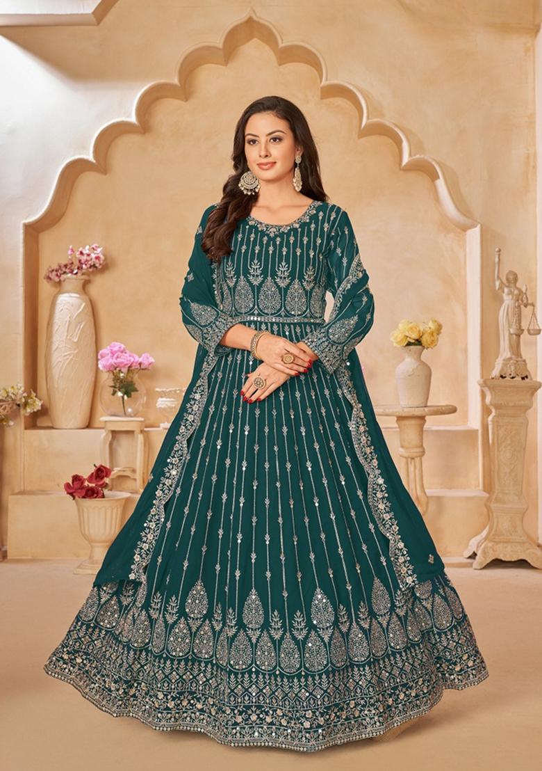Green Embroidered Faux Georgette Anarkali Kurta Set