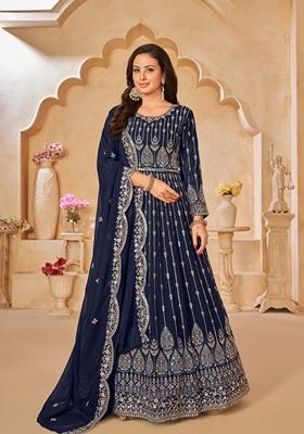 Navy Blue Embroidered Faux Georgette Anarkali Kurta Set