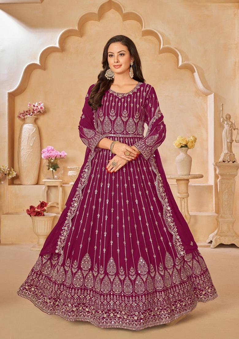 Maroon Embroidered Faux Georgette Anarkali Kurta Set