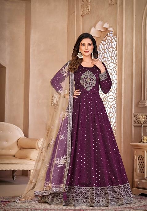 Purple Embroidered Silk Anarkali Kurta Set