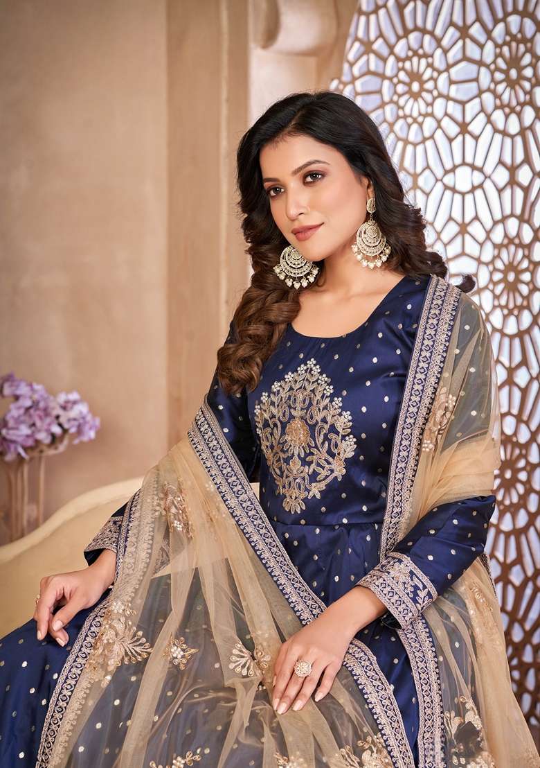 Navy Blue Embroidered Silk Blend Anarkali Set - Indya